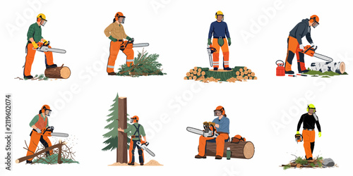 Collection of professional loggers and lumberjacks wearing safety gear and using chainsaws for forestry and woodcutting work in various flat vector illustrations.