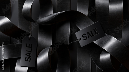 Abstract black ribbon barcode with sale labels showcasing Black Friday consumer commerce and premium retail concept