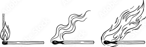 Foto Hand Drawn Burning Matchsticks Vector Element Set with Flame and Smoke Trail Ske