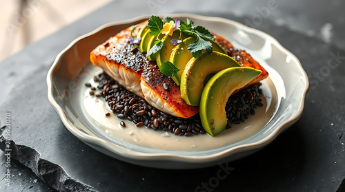 Healthy Gourmet Salmon Steak with Broccoli Black Rice and Citrus Herb Glaze