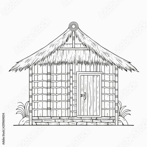 Konstfotografi Minimalist line art illustration of a traditional tropical bamboo hut with a tha