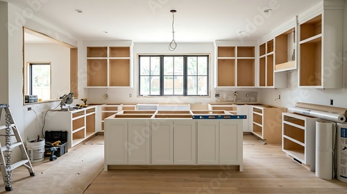 Modern kitchen renovation process with new white and wood cabinets during interior house remodeling project
