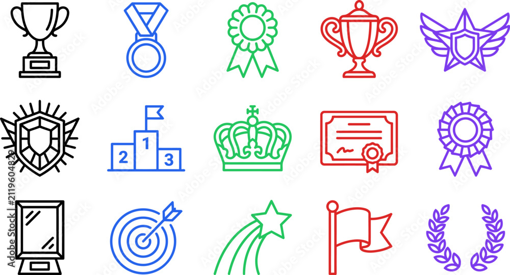 Fototapeta premium Achievement and award vector icons. Set of flat symbols for success and business goals.