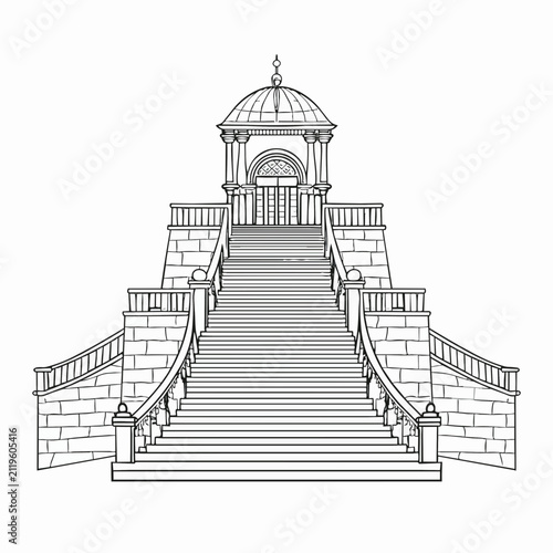 Ornate classical stone stairway line art illustration leading to an elegant domed gazebo structure