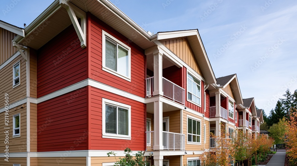 Obraz premium Modern Apartment Buildings with Red and Tan Siding and Balconies in a Suburban Setting