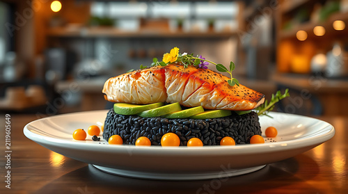 Healthy Gourmet Salmon with Black Rice and Elegant Restaurant Style Plating