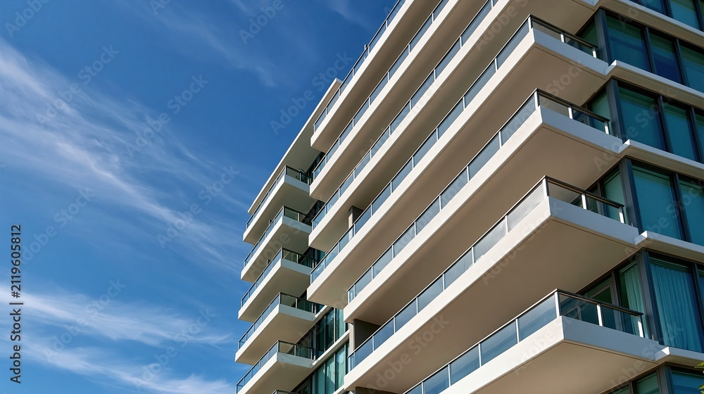 Obraz premium Modern Luxury Apartment Building With Balconies Against A Clear Blue Sky