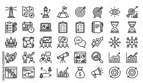 Modern Business and Management Icon Set with Strategy Productivity and Corporate Leadership Symbols Collection