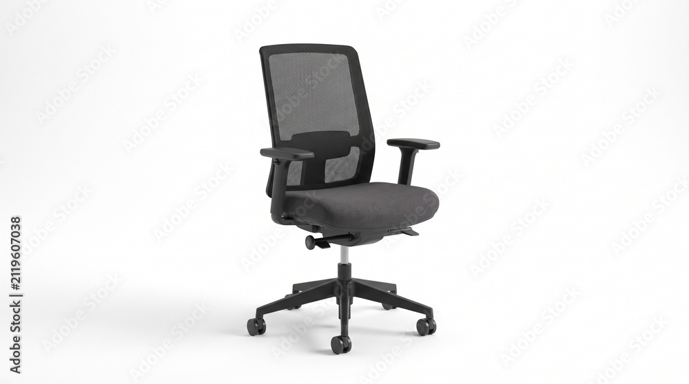 Obraz premium Modern Ergonomic Mesh Office Chair with Adjustable Armrests and Swivel Base Isolated on a Clean White Studio Background