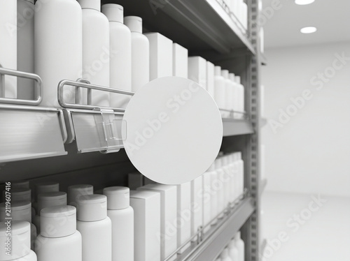 Supermarket shelf with blank wobbler mockup. Retail store display with empty round sign.