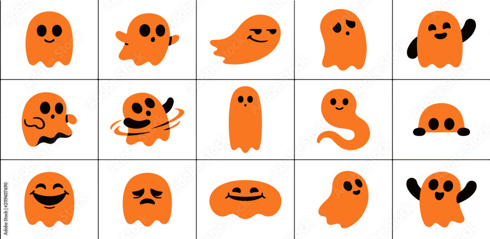 Fototapeta premium Set of cute orange ghost characters with various funny expressions for halloween design elements and digital stickers