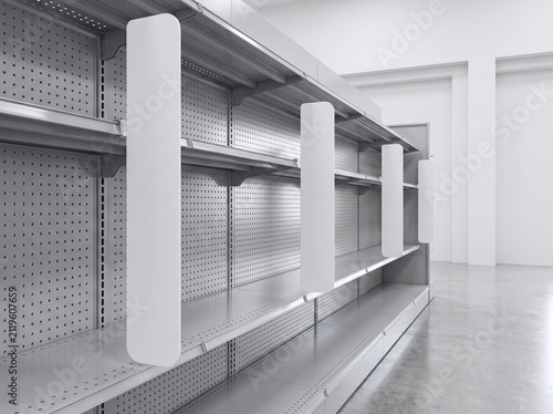 Empty supermarket gondola shelving. Retail store display rack for product merchandise mockup.