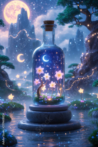 Enchanted crystal bottle containing radiant flowers beneath dreamy fantasy heavens magical illustration wallpaper