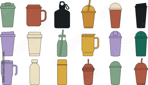 Reusable coffee cups and plastic drink bottles icons set for eco friendly takeaway beverage branding packaging mockup design vector