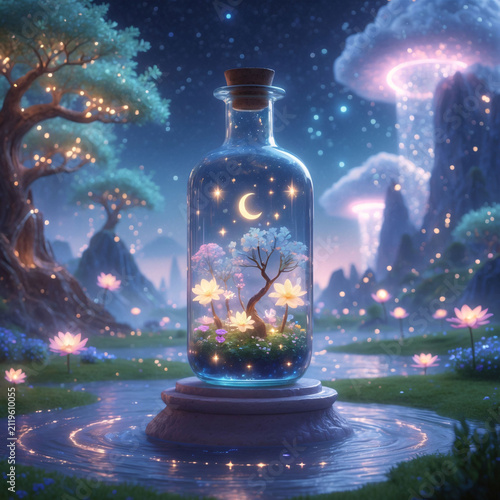 Fantasy moonlit bottle surrounded by glowing blossoms sparkling woodland atmosphere magical illustration wallpaper