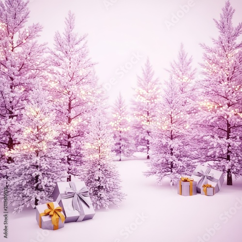 A dreamy pink winter forest covered in soft white snow features glowing holiday lights and elegant gift boxes nestled among pine trees, decorations, background, sparkles