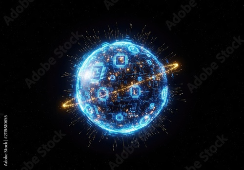 A glowing digital currency planet radiates intense blue light and golden sparks while drifting through the infinite dark void of deep space, virtual, background, currency