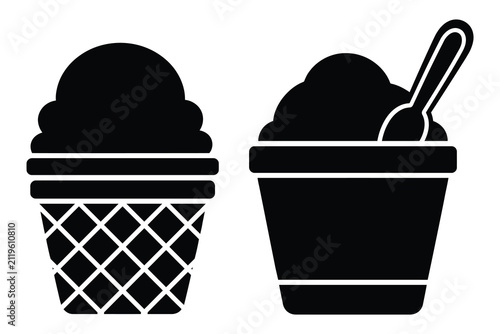 Ice cream in waffle cone and scoop in cup with a spoon icon set, silhouette