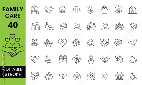 Family Care Editable Icon Set features modern outline vector icons representing parenting, childcare, healthcare, family support, baby care, home life, relationships, elderly assistance, and wellness.
