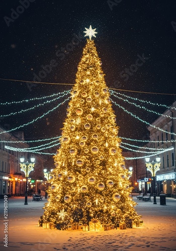 A majestic, glowing Christmas tree stands in a snowy town square at night, surrounded by festive lights and falling winter snowflakes, snow, decoration, falling snow