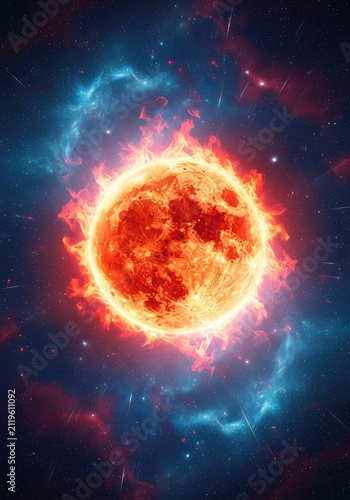 A majestic glowing moon engulfed in vibrant orange flames floats within a swirling cosmic nebula filled with stardust and radiant light, digital art, stardust, heat