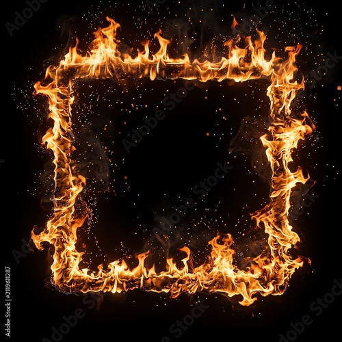 Fiery Square Frame of Bright Flames with Sparks on Black Background