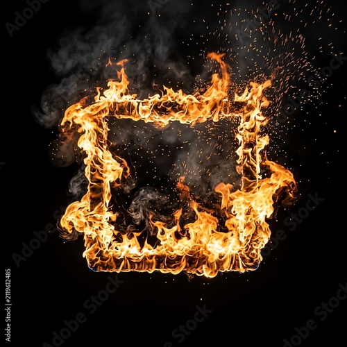 Flaming Square Frame on Black Background with Sparks and Smoke