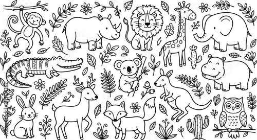 Canvas Print Safari and woodland wild animals doodle collection hand drawn black outline sket