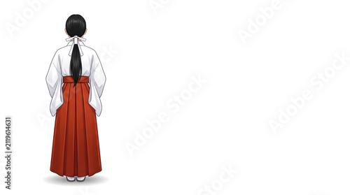 Back view illustration of a Japanese shrine maiden in a traditional white kimono and red hakama, on white.