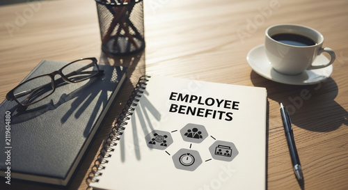 Professional corporate office desk with employee benefits notebook and coffee