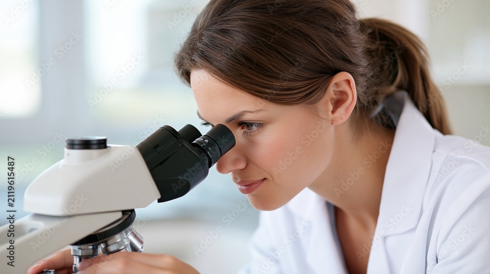 Fototapeta premium Scientist in lab coat examines specimen under a microscope, focused on research and discovery