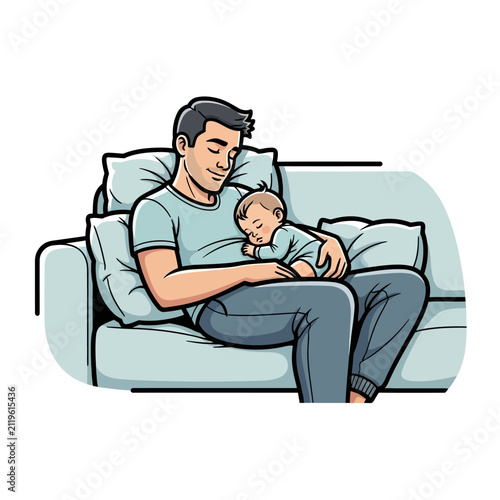 A tender and heartwarming illustration captures a loving father cradling his peacefully sleeping newborn baby on a comfortable sofa, symbolizing deep paternal bond and the serenity of family life