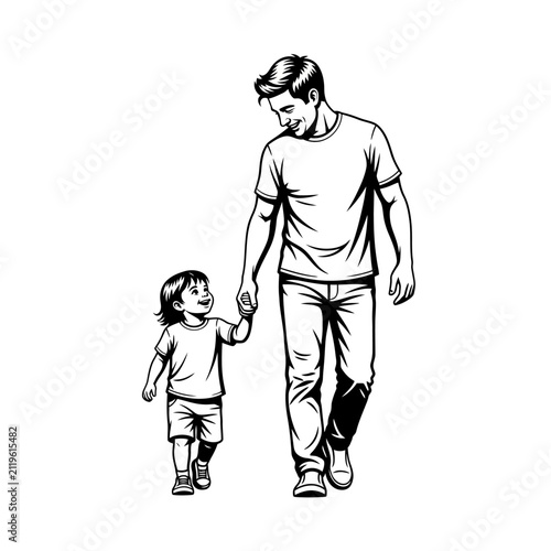 Minimalist black and white illustration of a father and son walking together holding hands