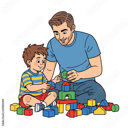 Father and young son playing together with colorful toy blocks on the floor