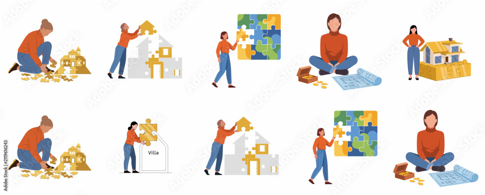 Fototapeta premium Set of illustrations featuring women assembling house puzzles and blueprints, representing real estate planning and problem-solving concepts