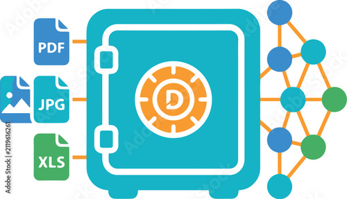 Encrypted Digital Vault Safe and Multi-Format File Backup Flat Vector Icon
