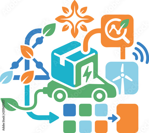 Eco Electric Delivery Truck and Sustainable Energy Logistics Flat Vector Icon
