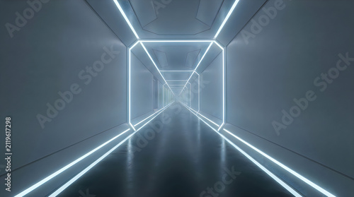 Long empty modern hallway with bright white lights and clean floor leading to distant rooms