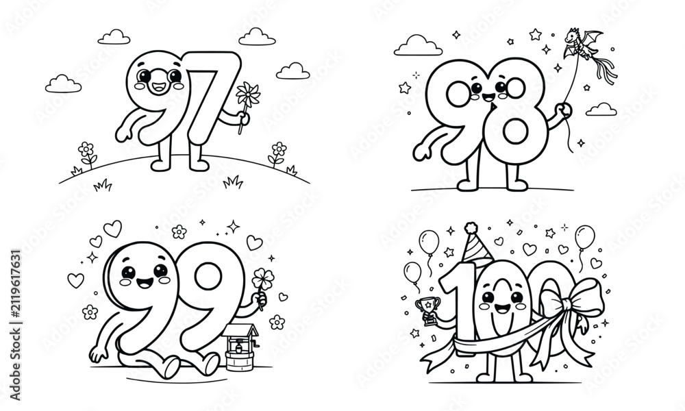Fototapeta premium Cute cartoon numbers 97 to 100 coloring page