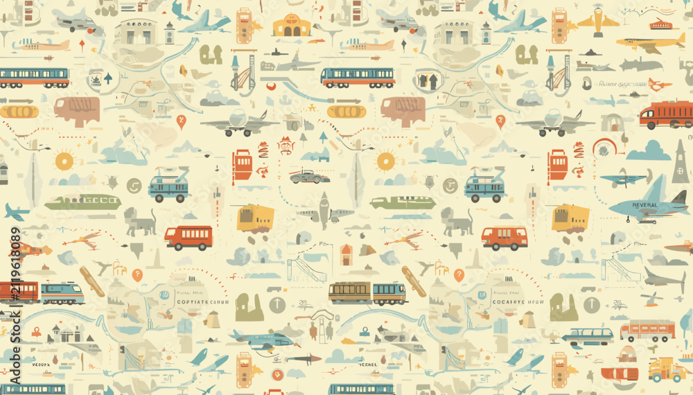 Fototapeta premium A whimsical and detailed illustration featuring a charming pattern of various modes of transportation and travel-related icons on a cream-colored background.