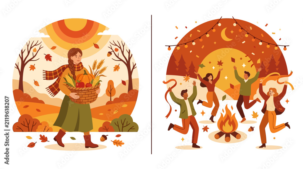 Naklejka premium Flat vector illustration set of autumn harvest and campfire celebration