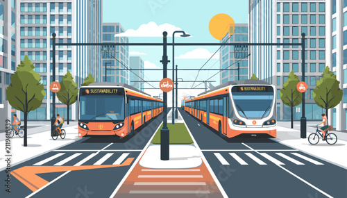 Obraz na plátně Modern city street with two trams on tracks, surrounded by buildings, trees, and pedestrians on bicycles