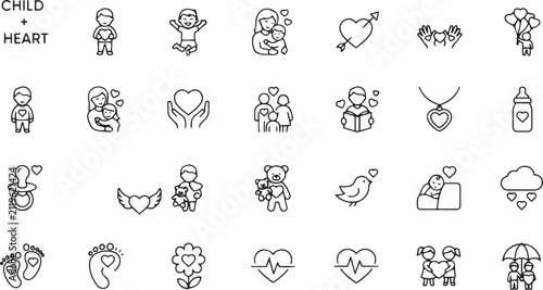 Child Care Heart Outline Icon Set for Parenting and Family Love