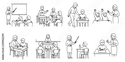 Minimalist classroom line art collection, 8 school education vector icons, teacher and students learning scenes, simple black and white outline illustrations