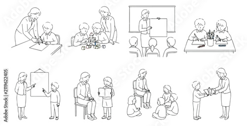 Minimalist school education line art icons, teacher and students classroom activities vector set, elementary learning and teaching illustrations