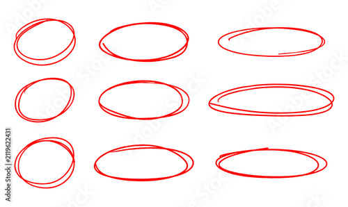 Hand-Drawn Red Pen Circle and Oval Highlight Set, Ballpoint Scribble Annotation Frames, Doodle Sketch PNG Collection Isolated on White Background