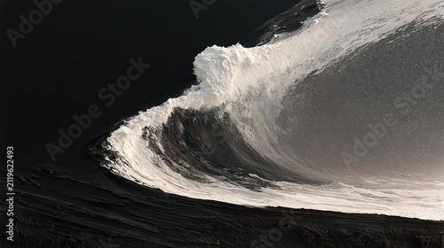 Monochrome textured abstract artwork with diagonal dividing line, solid black upper left, speckled grey curved wave texture on right, thick white foam-like texture on split seam, grainy charcoal horiz