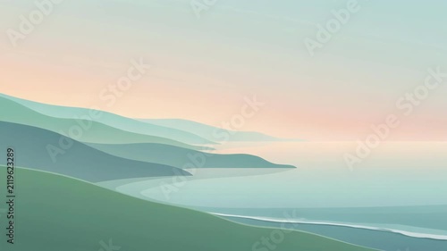 Minimalist abstract landscape with layered hills and calm water