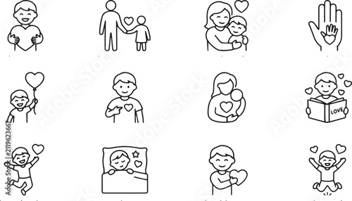 Child Care Heart Outline Icon Set for Parenting and Family Love