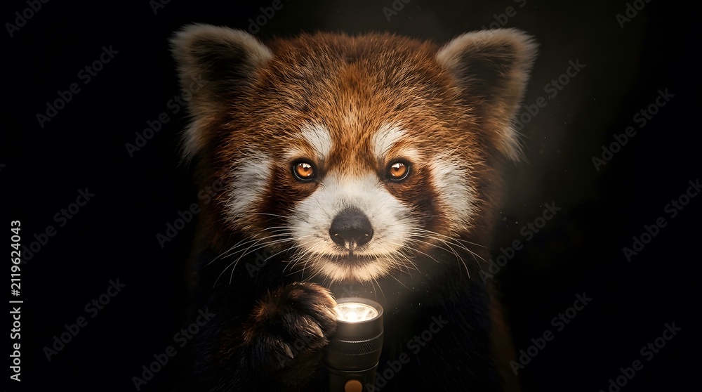 Obraz premium Red panda face emerging from the dark night